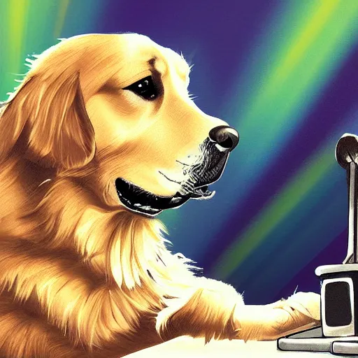 Prompt: a DJ Golden Retriever playing at a nightclub, digital art