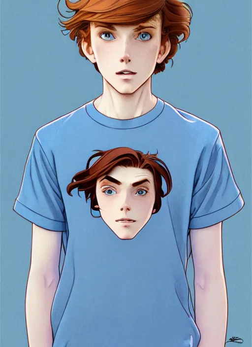 Image similar to art nouveau portrait of a teen boy with completely straight auburn hair, light blue eyes, pale skin, freckles, sad expression, t - shirt, modern casual clothing, natural lighting, path traced, highly detailed, high quality, cartoon, digital painting, by don bluth and ross tran and studio ghibli and alphonse mucha