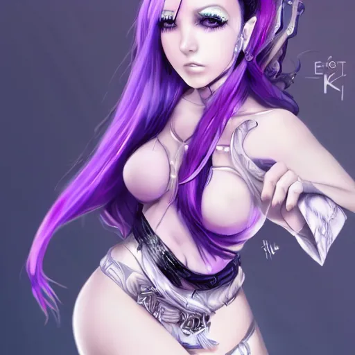 Prompt: evanescence kerli koiv anime goth girl with purple hair in mini skirt and crop top intricate, extremely detailed, artstation, 8 k, sensual lighting, incredible art, wlop, artgerm