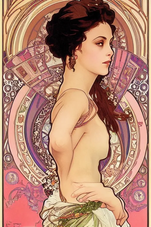 Image similar to portrait of monica belucci from the movie malena, artwork by alphonse mucha