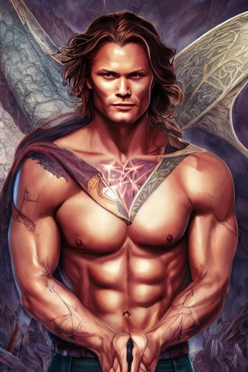 Image similar to muscular sam winchester as a mage tattooed in the cover of an acotar book, sarah j. maas, d & d!, fantasy style, sharp focus!, ultra detailed, art by artgerm, wlop, ilya kuvshinov