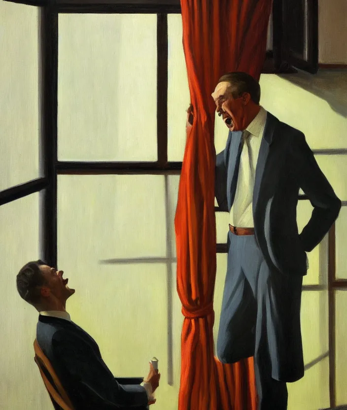 Prompt: a portrait painting of a man in a suit, the man is screaming and sad, highly detailed facial details, the man is alone in front of a window, in the style of edward hopper, 4 k,