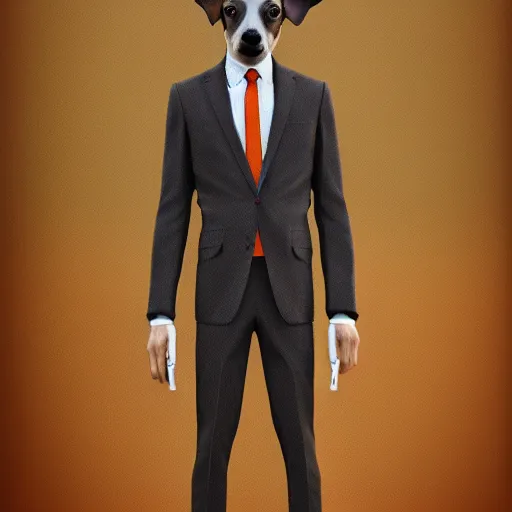Image similar to painting of a greyhound in a suit, splash art, cinematic lighting, octane render, 35mm film grain