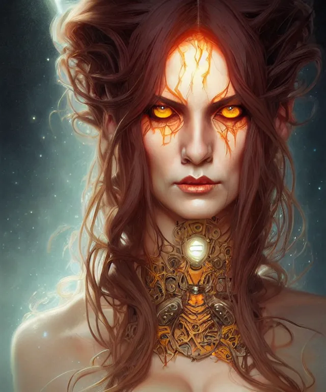 Image similar to Halloween woman portrait, sci-fi, amber eyes, face, long hair, fantasy, intricate, elegant, highly detailed, digital painting, artstation, concept art, smooth, sharp focus, illustration, art by artgerm and greg rutkowski and alphonse mucha