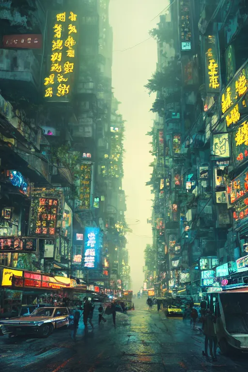 Prompt: cinematic photo of ancient overgrown cyberpunk hong kong with cars and people, flying cars in the sky, holograms, night, rain, flowers, beautifully lit, hyperdetailed, unreal engine, photorealistic, denis villeneuve film look, blade runner set