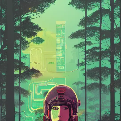 Image similar to Stunningly intricate portrait illustration of a single cyberpunk explorer overlooking a lush forest, highly detailed, midnight, by Victo Ngai and James Gilleard , Moebius, Laurie Greasley