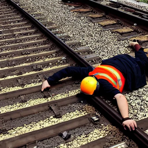 Image similar to factorio engineer laying on train tracks