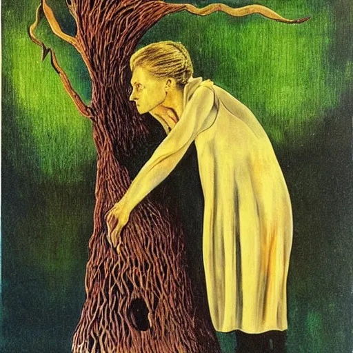 Image similar to Marie Curie hugging a tree by Salvador Dalí