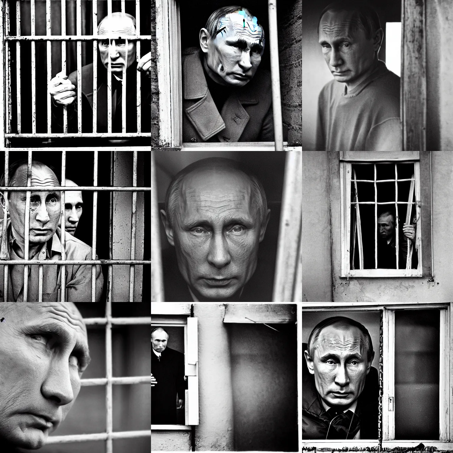 Image similar to a very sad and old wrinkled vladimir putin ( ( in prison clothes looking sadly out of the prison window with prison bars ) ). detailed professional 3 5 mm black and white photo by don mccullin and anders petersen world press photo award