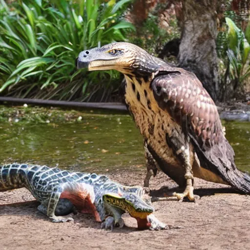 Image similar to hawk and alligator mutant animal,realistic, picture taken in zoo