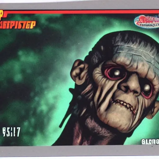 Image similar to Topps Collectable Card, Retro, Frankenstein, Holographic, 3D , Halloween Scene