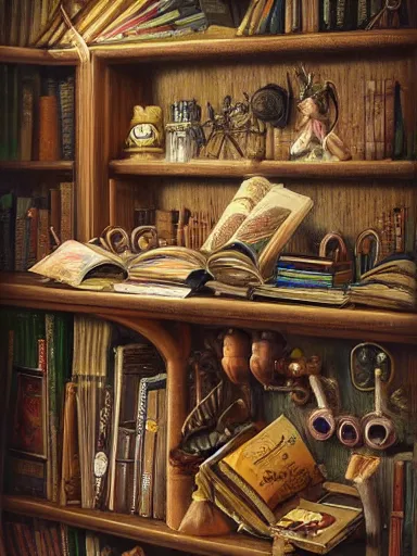 Prompt: a really messy shelf, full of different trinkets and books. intricate, elegant, highly detailed, digital painting, artstation, concept art, sharp focus, illustration, by justin gerard and artgerm, 8 k