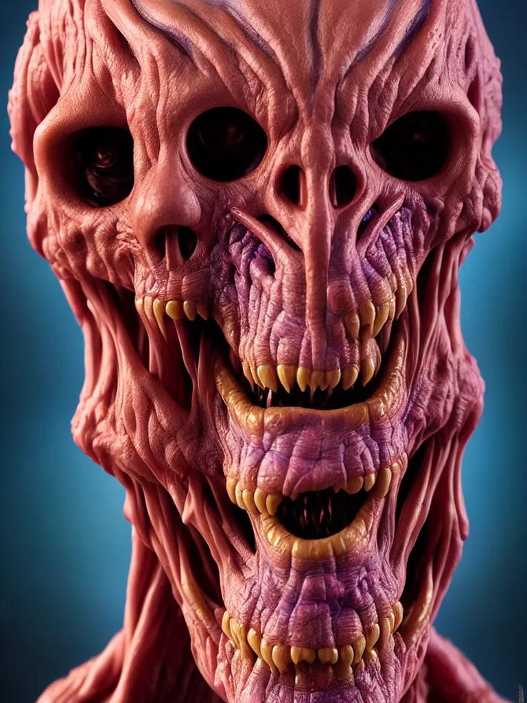 Prompt: hyperrealistic rendering, cronenberg flesh monster skeletor face by donato giancola and greg rutkowski and wayne barlow and zdzisław beksinski, product photography, action figure, sofubi, studio lighting, colored gels