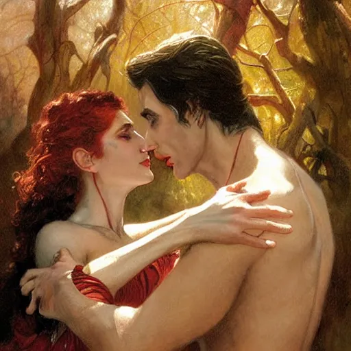 Image similar to attractive male fairy of the forest confesses his love to attractive male dracula the vampire. highly detailed painting by gaston bussiere, craig mullins, j. c. leyendecker 8 k