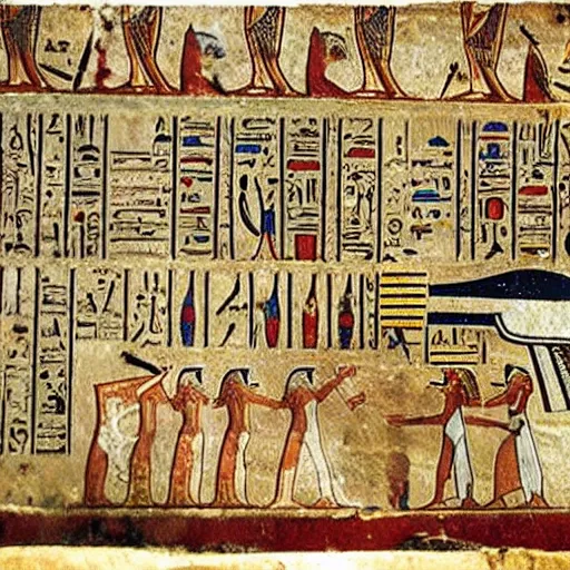 Prompt: ancient egyptian manuscript with pictures of airplanes
