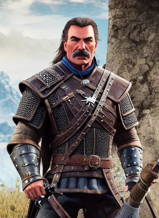 Prompt: film still of tom selleck as geralt of rivia in the witcher 3, gameplay, 8 k, hd