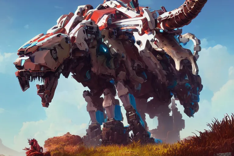 Image similar to grimhorn fanghorn machine mecha animal beast robot of horizon forbidden west horizon zero dawn bioluminiscence, behance hd by jesper ejsing, by rhads, makoto shinkai and lois van baarle, ilya kuvshinov, rossdraws global illumination