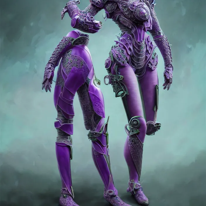 Image similar to porcelain cyborg armor, Chinese Kangxi purple and green fox pattern porcelain, diffuse lighting, fantasy, intricate, elegant, highly detailed, lifelike, redhead, photorealistic, digital painting, artstation, illustration, concept art, smooth, sharp focus, art by John Collier and Albert Aublet and Krenz Cushart and Artem Demura and Alphonse Mucha