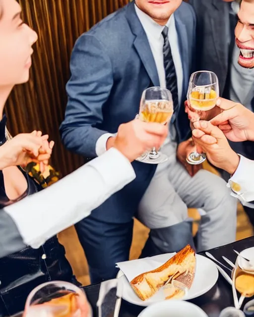 Image similar to a group of well dressed gentleman eating toothpast toasts in a fancy restaurant,