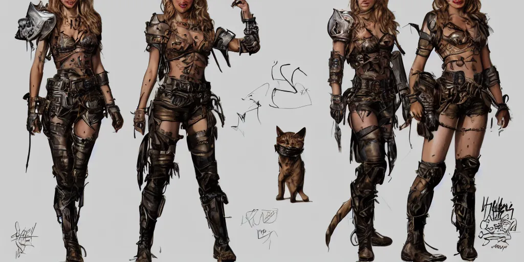 Prompt: portrait of halston sage as a tattooed armored wanderer pinup, wearing scratched and ripped leather shorts and a huge cat is by her side, character sheet, fine details, concept design, contrast, kim jung gi, greg rutkowski, trending on artstation, 8 k, full body, turnaround, front view, back view, ultra wide angle