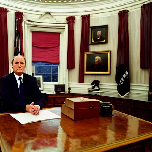 Image similar to president evil BOB from twin peaks in the oval office bright lighting high resolution, menacing atmosphere