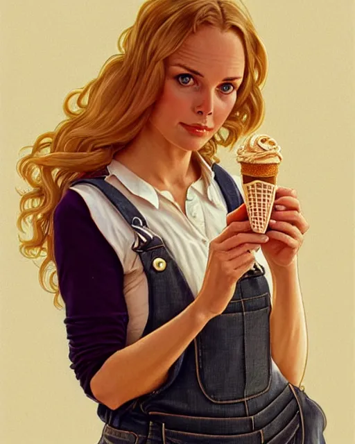 Image similar to portrait of a blonde fuller figured barbara bach from the bond film wearing dungarees and eating ice creams in porto, real life skin, intricate, elegant, highly detailed, artstation, concept art, smooth, sharp focus, art by artgerm and greg rutkowski and alphonse mucha