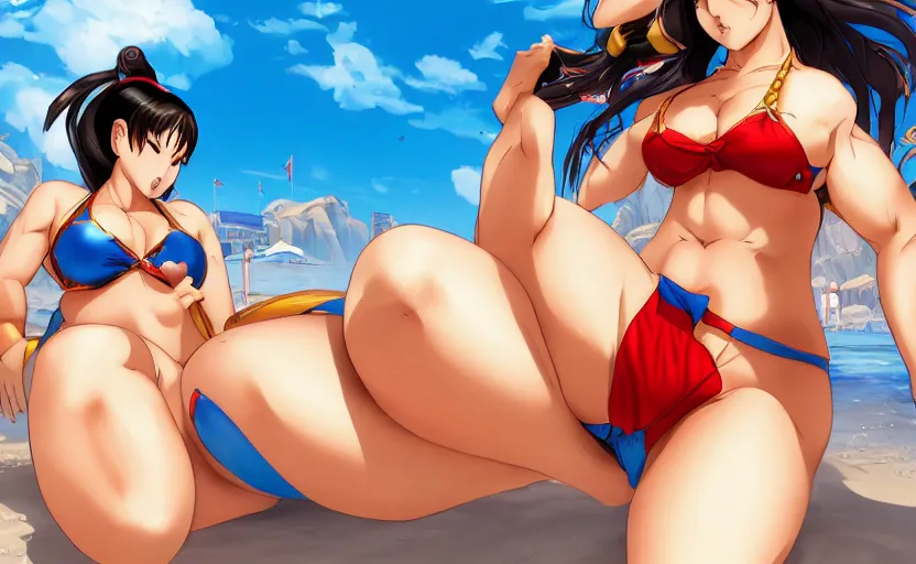 Prompt: chun li enjoying her holiday, wearing a bikini on the beach, sun dappled, pixiv, anime, digital art, kazushi hagiwara, doax, tomonobu itagaki