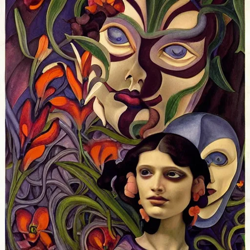 Prompt: a masterpiece painting of a facemask made of stylized flowers, by evelyn de morgan and diego rivera and john watkiss and annie swynnerton, art deco shaman, art brut, symbolist, dramatic cinematic lighting, god rays, iridescent beetles, clean crisp graphics, smooth sharp focus, extremely detailed