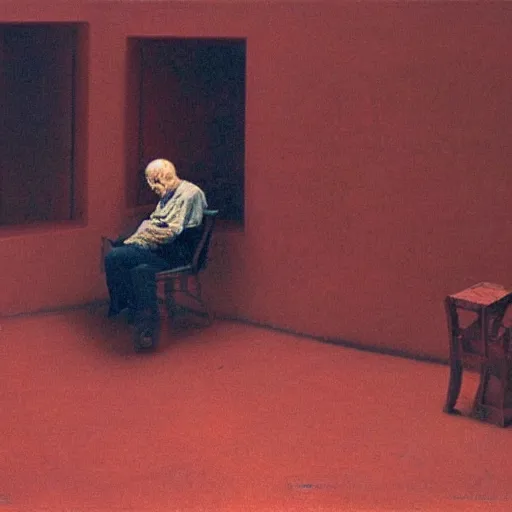 Prompt: older man sitting on a chair in dark basement with red walls and one window, painting by Beksiński,