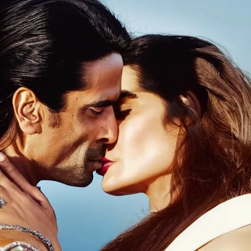 Image similar to closeup of kareena kapoor and arjun rampal kissing, natural lighting, hyper detailed, 1 0 0 mm, photographic, cinematic lighting, studio quality.