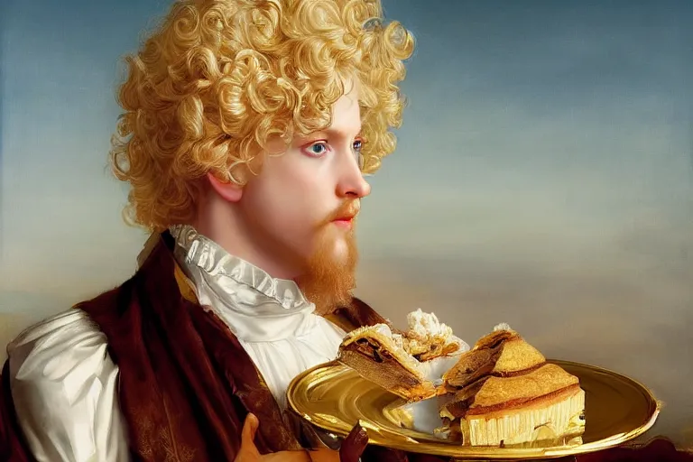 Prompt: Lucius as a pale albino prince of luxurious scintillating radiance, long fluffy blond curly hair, enjoying delicate cakes and pastries, oil on canvas, golden hour, artstation, by J. C. Leyendecker and Peter Paul Rubens