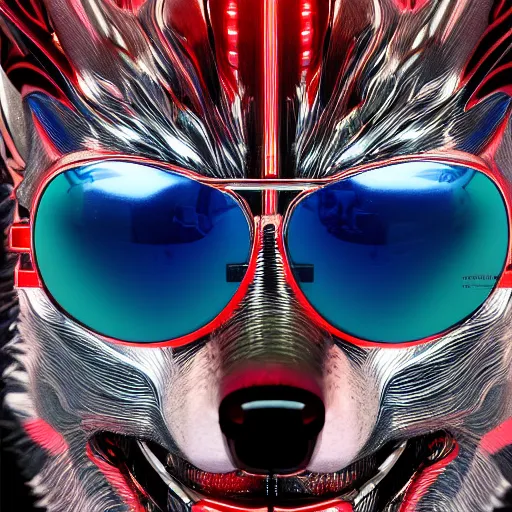 Prompt: chrome wolf with sunglasses, glossy, metallic, neon, symmetrical, tribal patterns, realistic, unreal engine, octane, redshift, artstation, behance