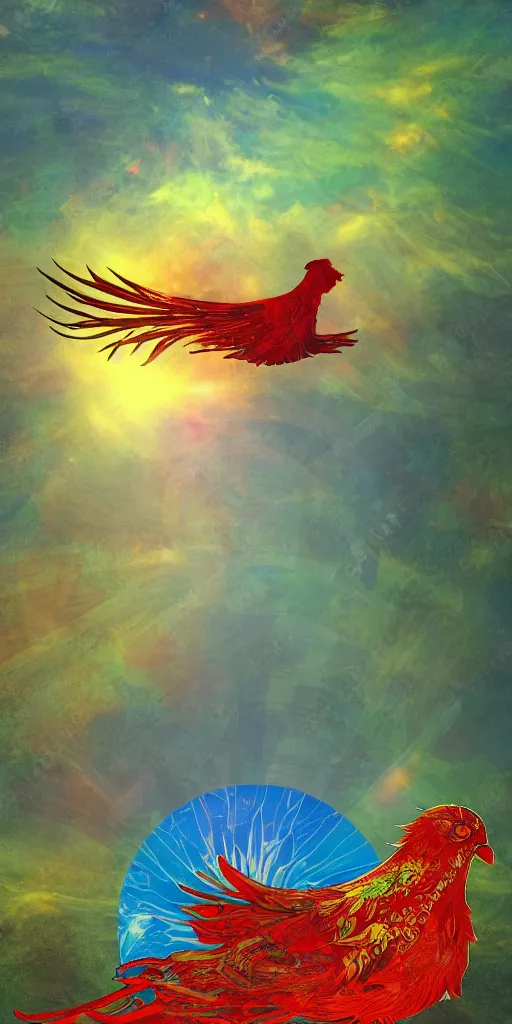 Image similar to the solarpunk phoenix, red bird, ornate egg, regeneration, landscape, epic composition, volumetric light, bokeh, inspired by monet and by alphonse mucha