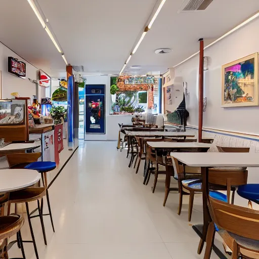 Image similar to photo of a white cafe interior with arcade machines on one side and tables on the other, 8 0 s art on the tall white walls, wide angle shot 4 k hdr