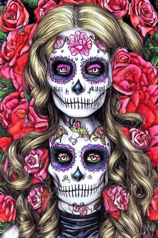 Image similar to illustration of a sugar skull day of the dead girl, art by ayami kojima