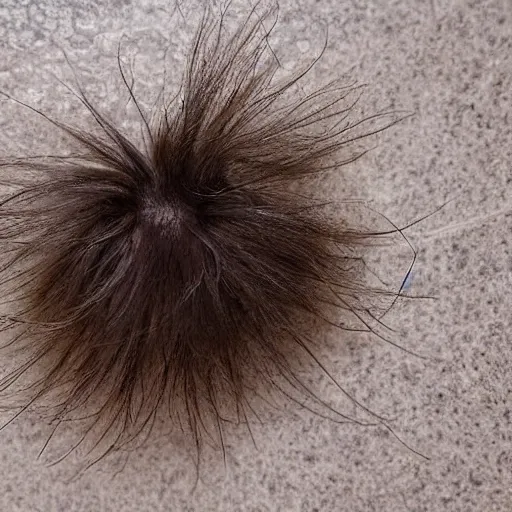 Prompt: mess of hair hairball on shower wall. tangled strands of hair. hair fell off a human and she stuck it to the wall.