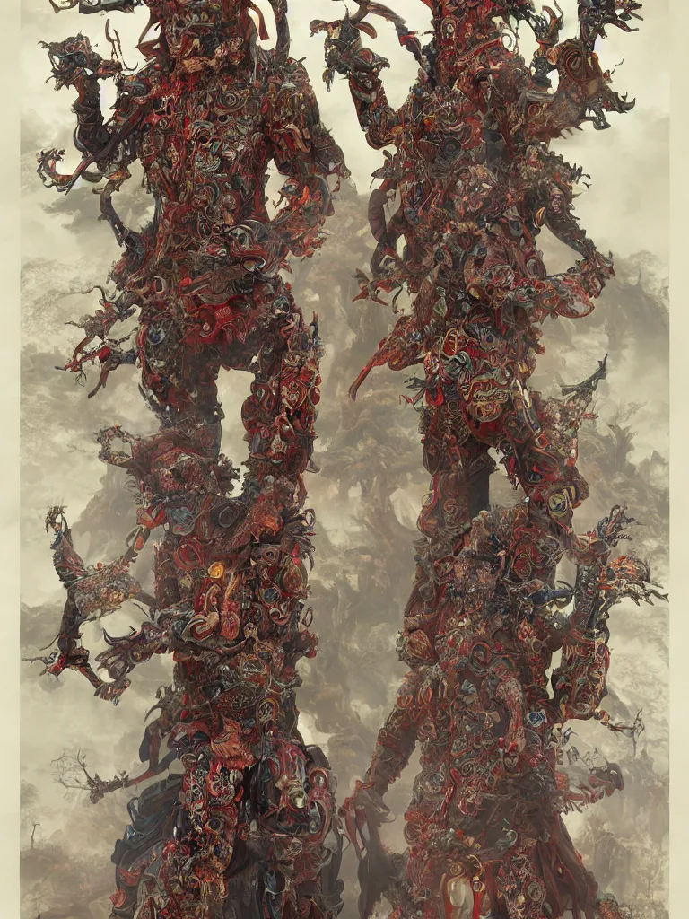 Image similar to chinese zombies with luxuriant full - body official clothes of the qing the devil of nanotechnology, dynasty, a incredible symmetrical concept design, psychedelic, highly detailed upper body, cinematic film, mattepainting, photobash, rendered in octane, by mucha