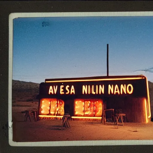 Image similar to old polaroids of taverns in northern namibia with neon signage