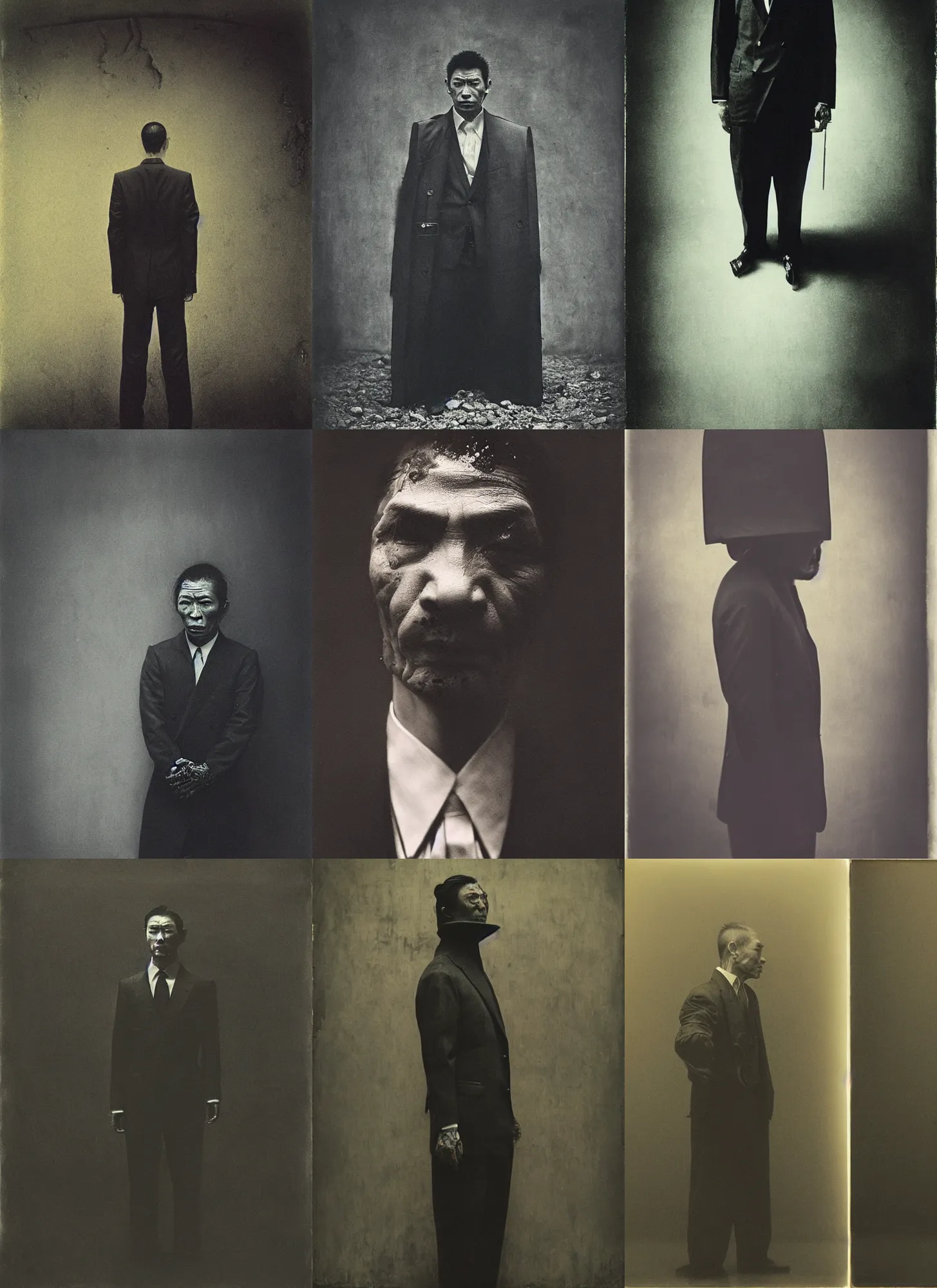 Prompt: wet plate photography yakuza man, black suit, beksinski, barlowe