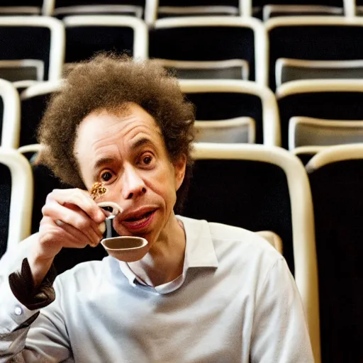 Image similar to malcolm gladwell eating beans from a bowl in an empty AMC movie theater, high res, 4k, realistic