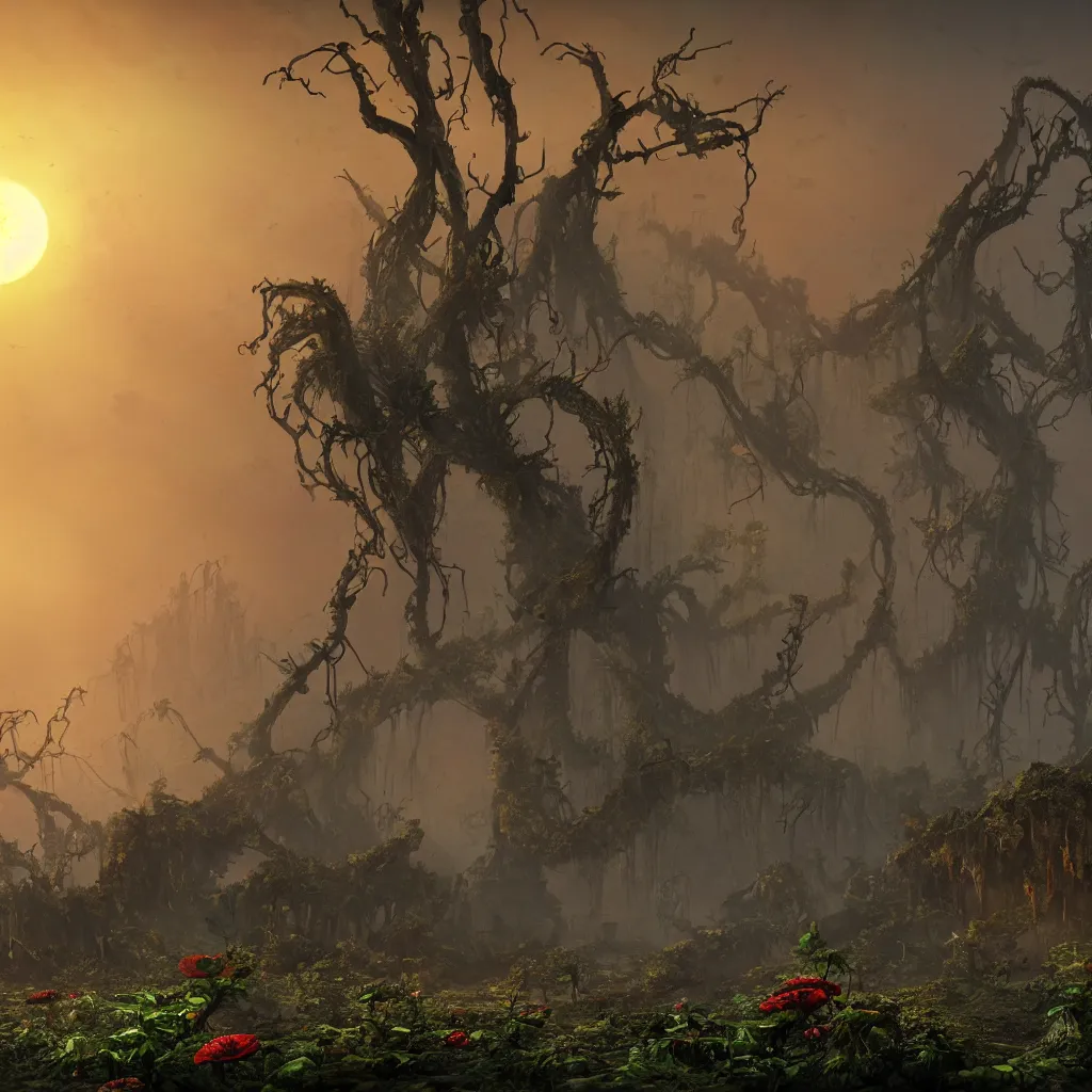 Image similar to An incredibly beautiful but ominous matte painting depicting a profusion of evil carnivorous vines and colorful flowers and lush exotic trees and bloated toadstools, with horrifying huge burning eyes and jagged bloody teeth, overgrowing a desolate ruins submerged in fog beneath the setting sun, nvidia, vray, evening, epic scale