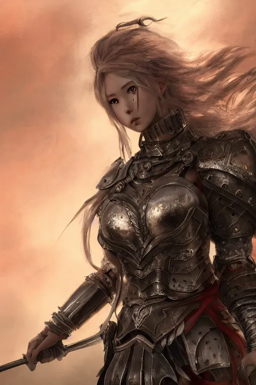 Prompt: character portrait of the Warrior Queen, heavy plate armor, with gorgeous detailed eyes, thunderstorm in the sky, color page, tankoban, 4 k, tone mapping, doll, akihiko yoshida, WLOP, andrei riabovitchev, Sakimichan, yoshitaka amano, long hair, curly, digital painting, illustration, artstation