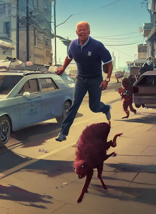 Image similar to highly detailed image of joe biden running to an ice cream truck, in gta v, stephen bliss, unreal engine, fantasy art by greg rutkowski, loish, rhads, ferdinand knab, makoto shinkai and lois van baarle, ilya kuvshinov, rossdraws, tom bagshaw, global illumination, radiant light, detailed and intricate environment