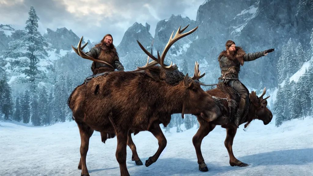 Image similar to a viking riding a moose, fantasy artwork, nordic scenery, snowy green mountain, hd, hdr, ue 5, ue 6, unreal engine 5, cinematic 4 k wallpaper, 8 k, ultra detailed, high resolution, artstation, award winning