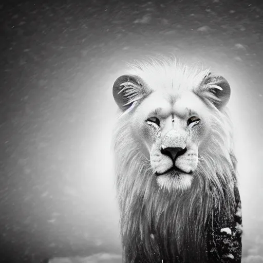 Image similar to an award winning National Geographic picture of a white lion wearing a denim Jacket in the snow by Lee Jeffries, 85mm ND 5, perfect lighting in a snow storm