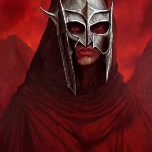 Prompt: the witch-king of angmar, portrait standing in a blood red pool of water between a golden mirror frame, outside is space and inside the mirror frame is a beautiful landscape., physically accurate, dynamic lighting, intricate, elegant, highly detailed, very very Roberto Ferri, sharp focus, illustration, art