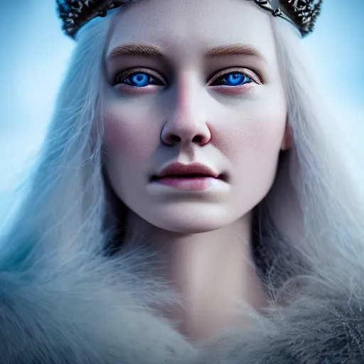 Prompt: portrait head shot photo of a real-life beautiful nordic queen, highly detailed, 8k, award winning, volumetric lighting