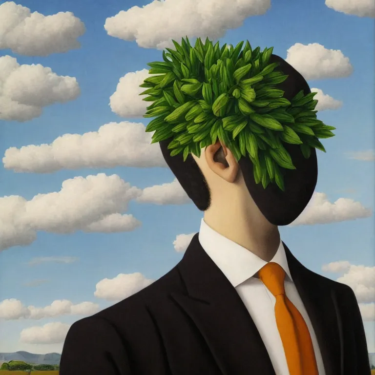 Image similar to portrait of a faceless beautiful flower - head man in a suit, clouds in the background, by rene magritte, detailed painting, distance, middle centered, hd, hq, high resolution, high detail, 4 k, 8 k