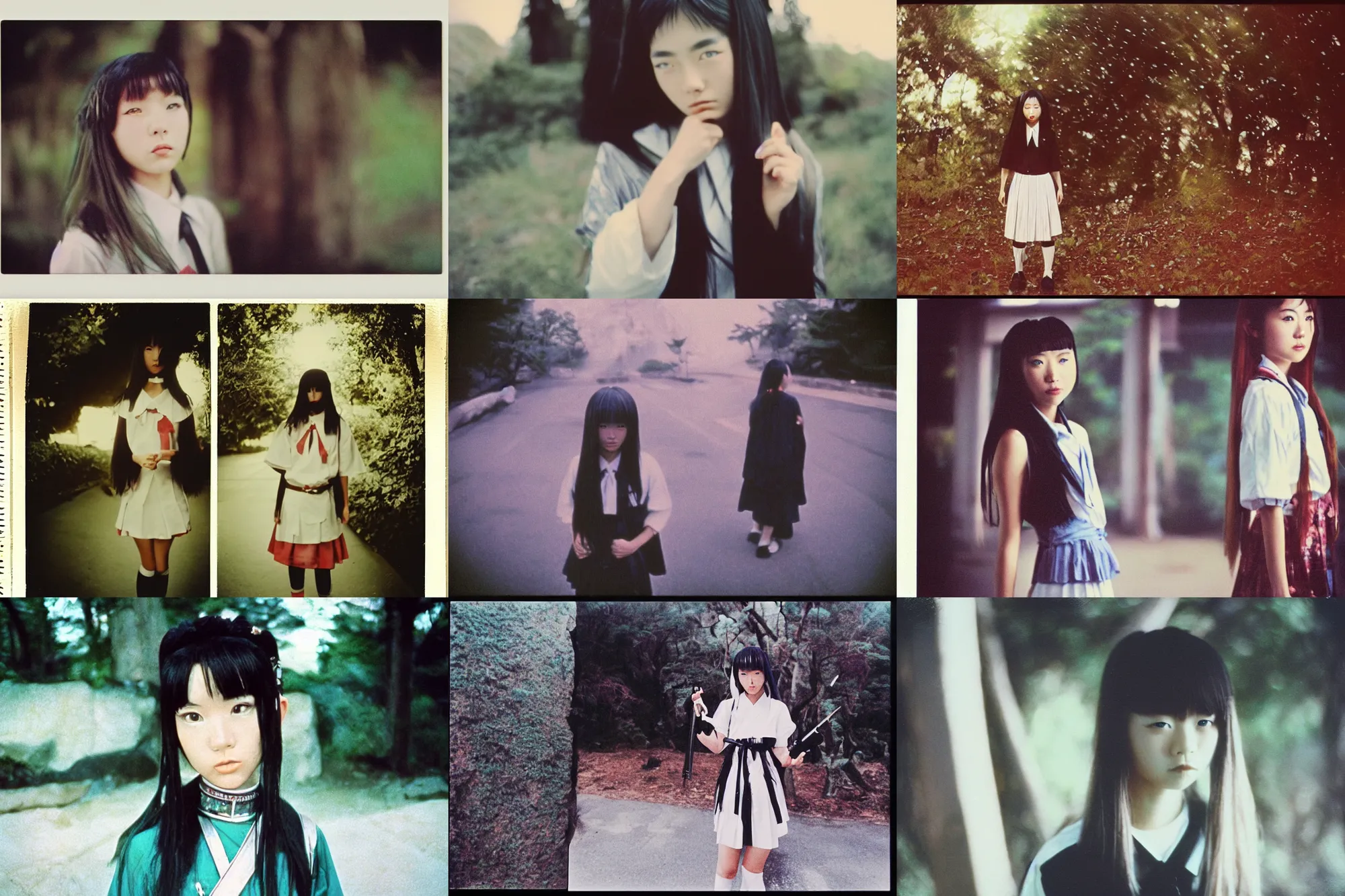 Prompt: epic, cinematic 1 9 9 0 s film still movie shot of a mystical occult japanese schoolgirl. instagram photo at behance, polaroid kodak portra, hollywood