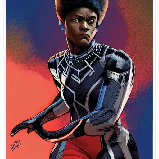 Prompt: half - electric letitia wright as black panther, moebius comic style, realistic shaded perfect face, extremely fine details, realistic shaded lighting, poster by by ilya kuvshinov katsuhiro otomo, magali villeneuve, artgerm, jeremy lipkin and michael garmash and rob rey